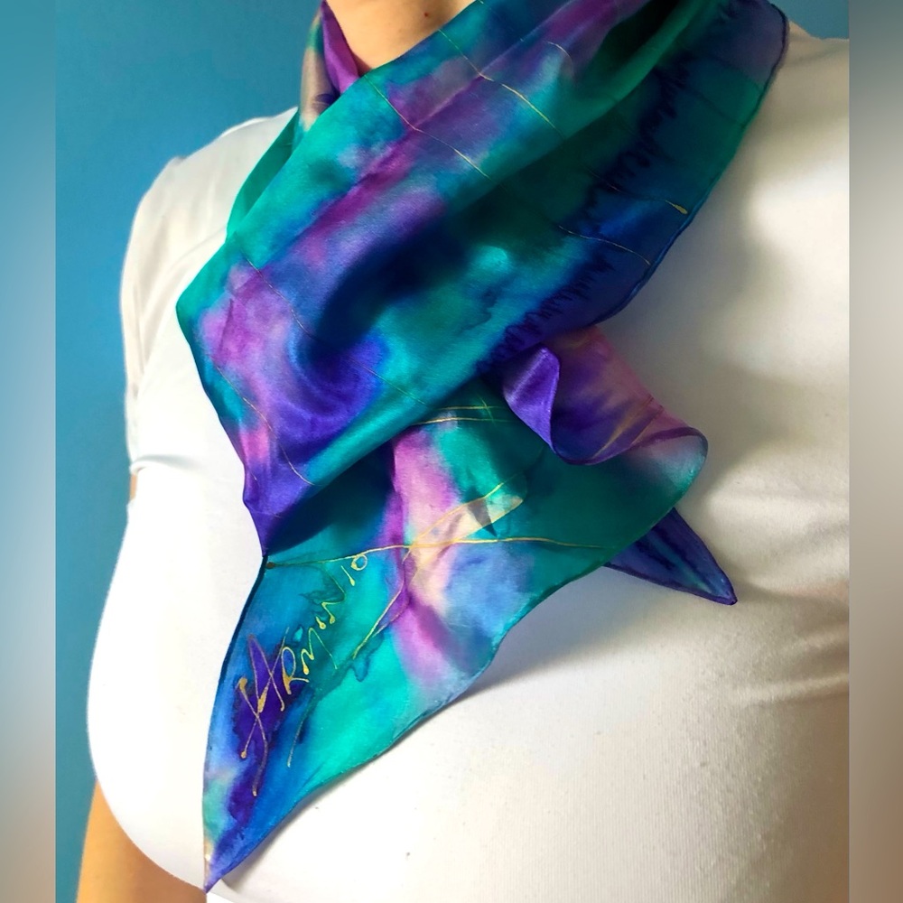 Hand Painted Silk Chiffon Rectangular Scarf Abstract Green Blue Purple Gold